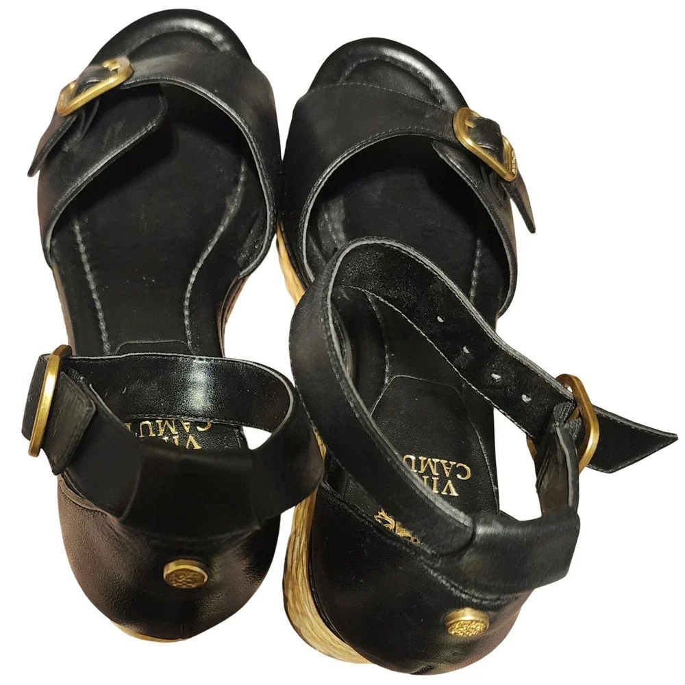 Vince Camuto Womens Black Leather Raffia Platform Wedge Sandals Gold Buckle 7M